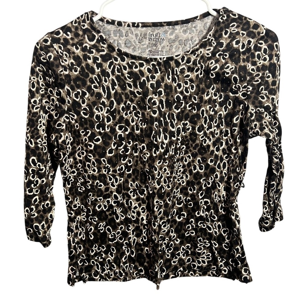 Croft & Barrow Petite XS PXS Leopard Print Top‎ 3/4 Sleeve Knit Black Brown Gold